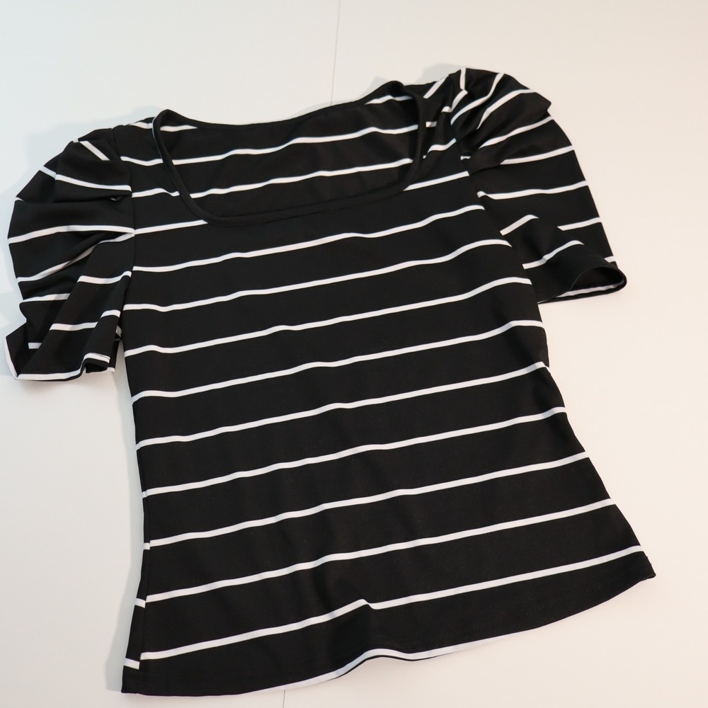 Women's Black White Striped Ruched Sleeve Shirt Size S